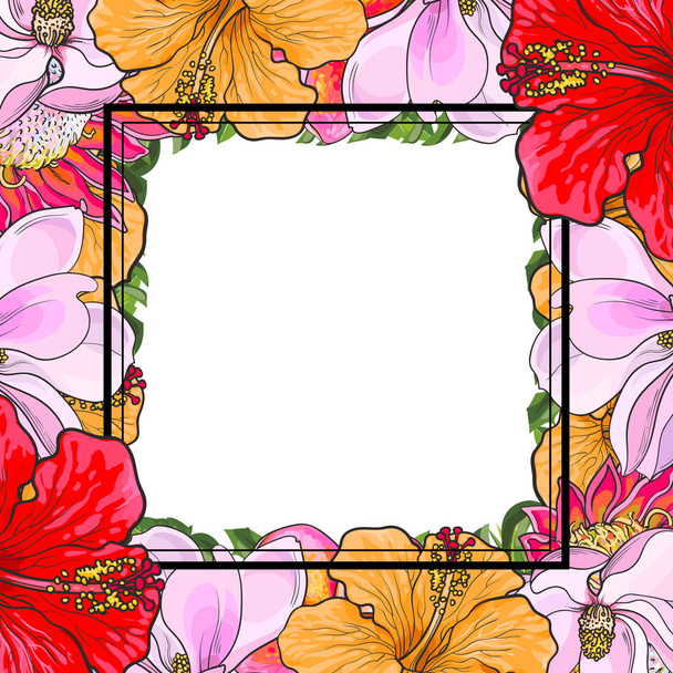Tropical flowers square frame in sketch style isolated on white background. - Vector, afbeelding