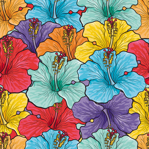 Tropical flowers seamless pattern with sketch multicolor hibiscus. - Vektör, Görsel