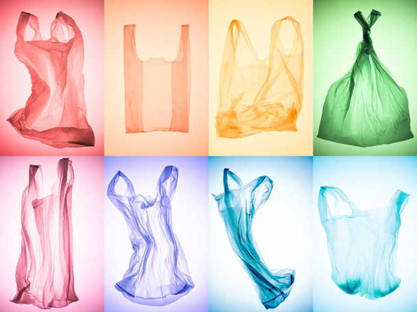 creative collage of various crumpled colorful plastic bags - Foto, Imagen