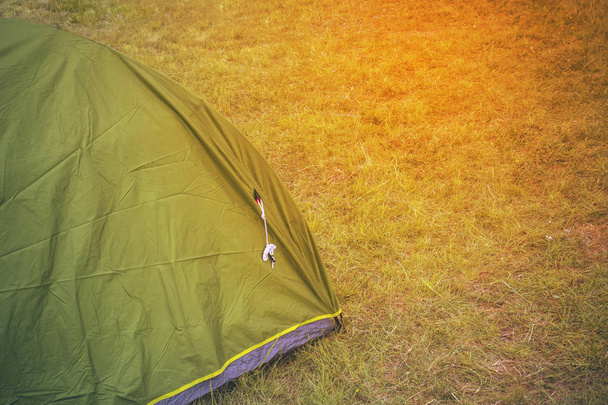 Groene toeristische tent onder het gras, op grasland, Woud Legerplaats . - Foto, afbeelding
