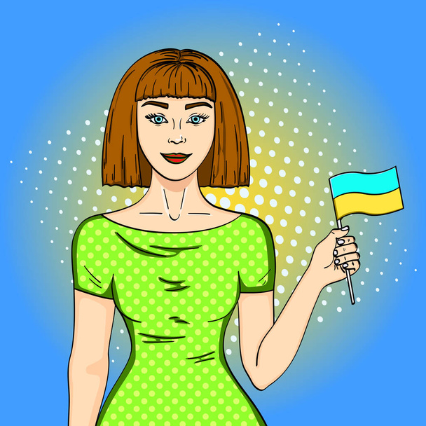 Поп-арт Счастливая молодая девушка с украинским флагом, смотрящая в камеру. Комическая имитация
 - Вектор,изображение