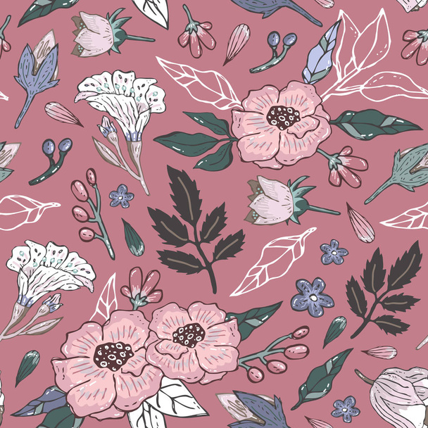 Vector seamless background pattern with hand drawn flowers - Vector, Image