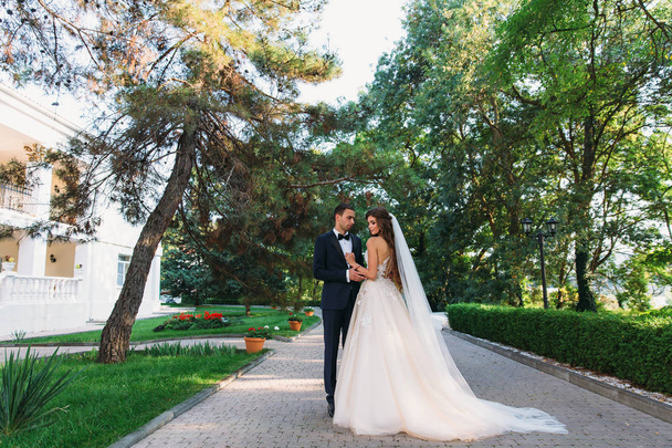 Happy couple hugging and hanging out in the park. The bride in a black suit with a bow tie and a bride in a beautiful white wedding dress with a bouquet of flowers in her hands. Beautiful woman with - Foto, Imagen