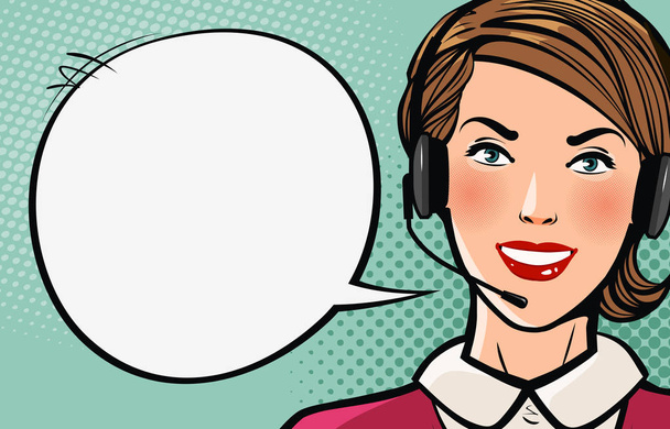 Beautiful girl or young woman with headset says. Call center, support, business concept. Cartoon vector illustration - Vektor, Bild