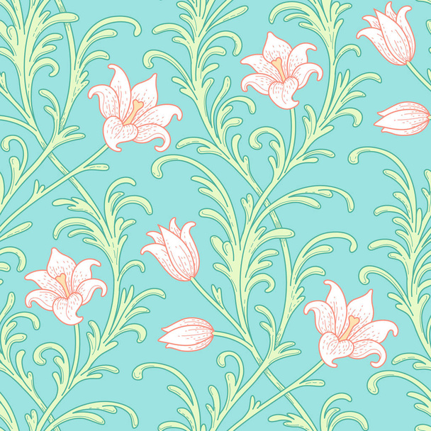 Twisted curling branches of white lily flowers on mint background. Vintage seamless pattern for design and decoration - Vetor, Imagem
