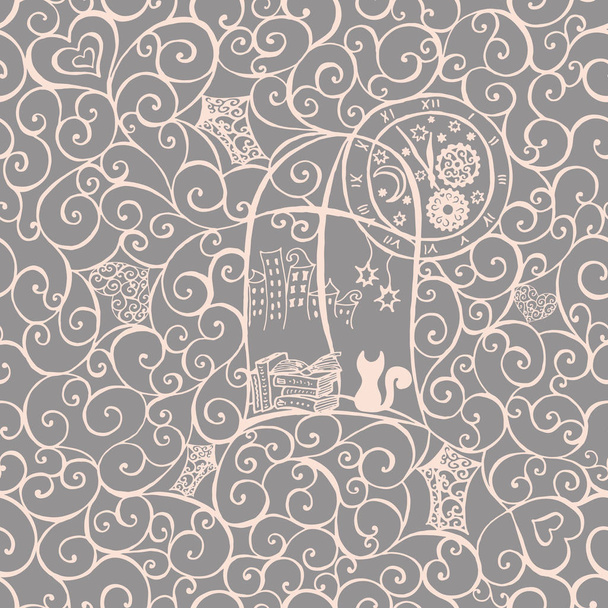 Cat look out the window, hand drawn illustration. Seamless pattern. Vector illustration - Vector, Image