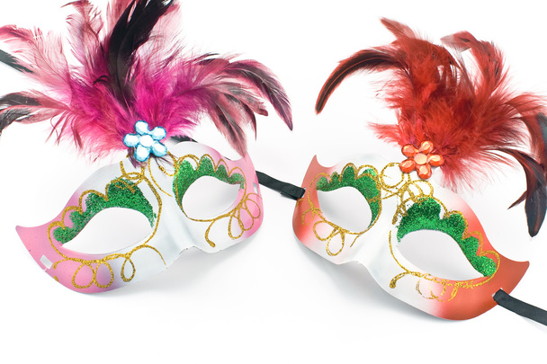 twee carnaval masker met veren en diamant - Foto, afbeelding