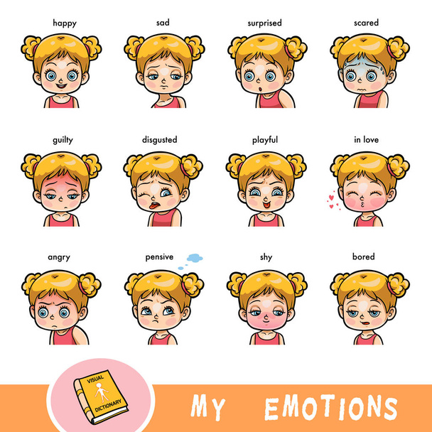 Cartoon visuele woordenboek voor kinderen. De menselijke emoties. Kleurset meisje gezichten met verschillende uitdrukkingen - Vector, afbeelding