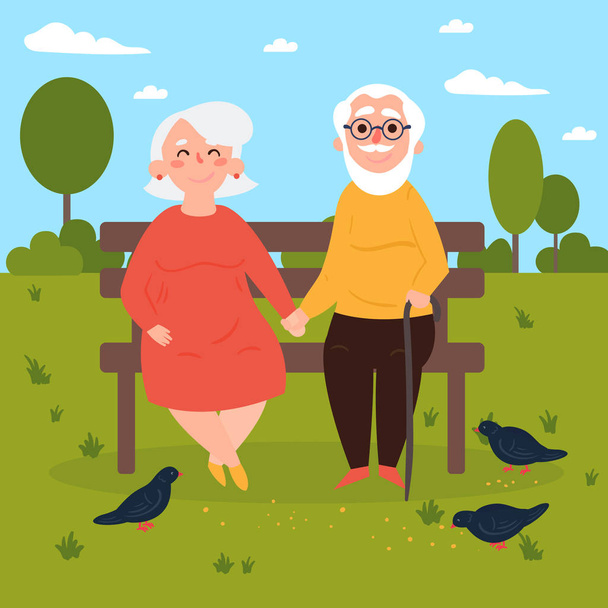 Elderly couple in love on bench outdoors. Pigeons - Vector, Image