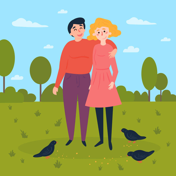 Giovane coppia nel parco con piccioni intorno
 - Vettoriali, immagini