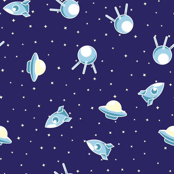 Flying saucer, space rocket and satellite view from cosmos pattern background. Space ship, ufo, rocket and satellite in night cosmos seamless pattern background. - Vektor, obrázek