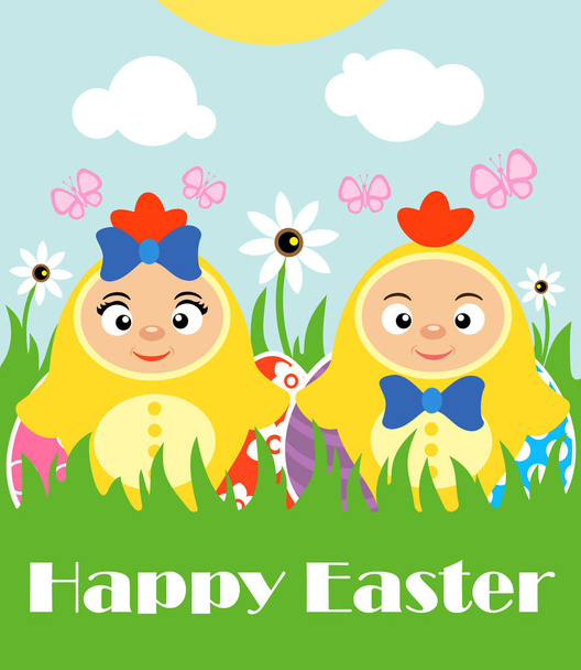 Happy Easter with kids in costume chickens - Vector, afbeelding