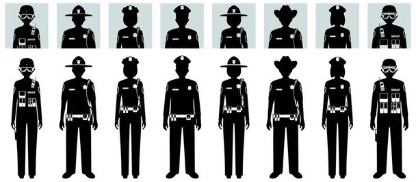 Поліцейські люди концепція. Набір різних чорних силуетів та іконок аватарів офіцера SWAT, поліцейського, поліцейських та шерифа у плоскому стилі на білому тлі. Векторні ілюстрації
. - Вектор, зображення