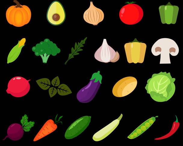  Vegetables icons set on black background . - Vector, Image
