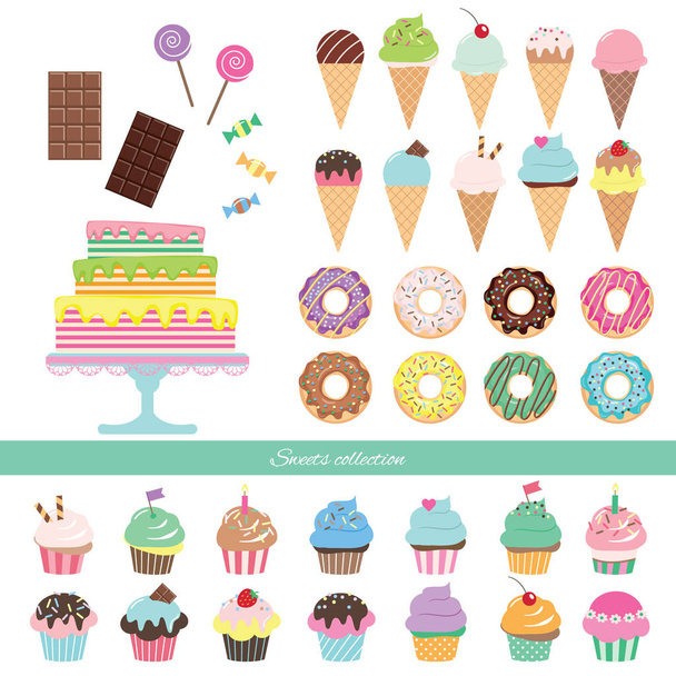 Birthday set with different sweets. - Vektor, kép