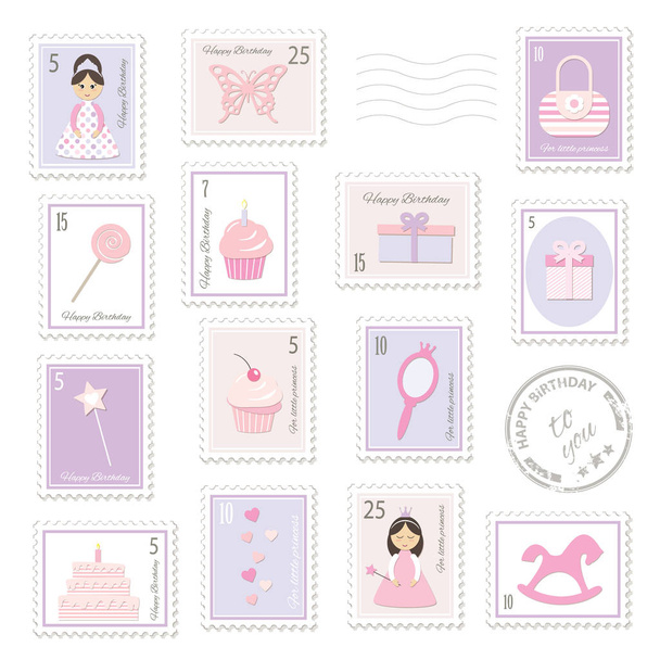 Birthday postage stamps set for girls. - Vecteur, image