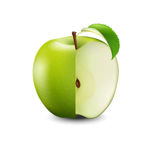 Vector realista corte de manzana verde con semillas y hoja. Fru en rodajas
 - Vector, imagen