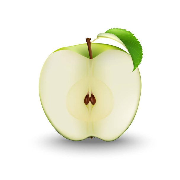 Manzana verde realista vectorial cortada por la mitad con semillas y hojas. Sl
 - Vector, imagen