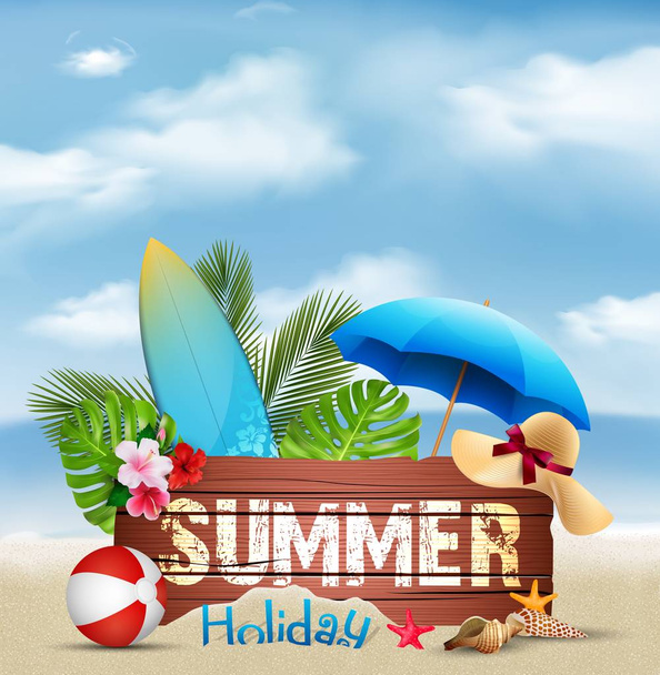 Wektor ilustracja lato wakacje tła ze znakiem drewniane elementy tekstowe i plaża - Wektor, obraz