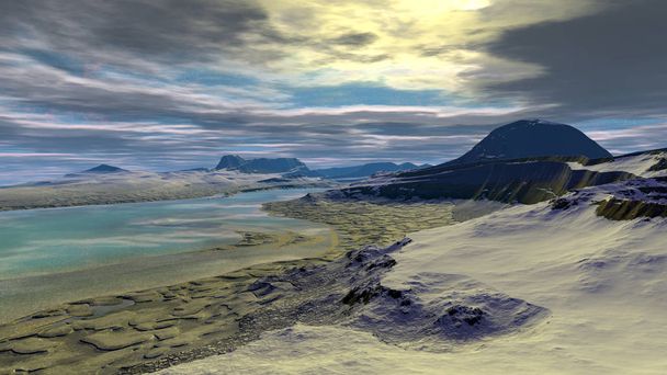 Alien Planet. Mountain and  water. 3D rendering  - Foto, Imagen
