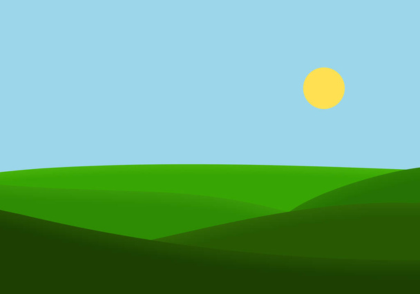 Плоская иллюстрация ландшафта с лугом и холмом под голубым небом с солнцем - вектор
 - Вектор,изображение