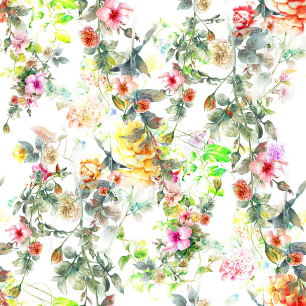 Watercolor painting of leaf and flowers, seamless pattern on white background - 写真・画像