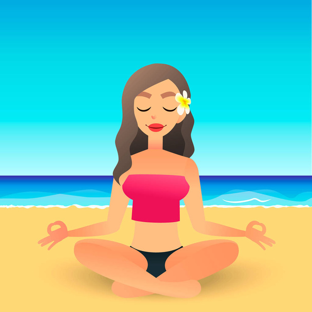 Cartone animato giovane bella ragazza sulla spiaggia praticare yoga. Le donne piatte medita e si rilassa. Concetto di terapia fisica e spirituale. Mente spirito del corpo. Signora in posizione loto
. - Foto, immagini