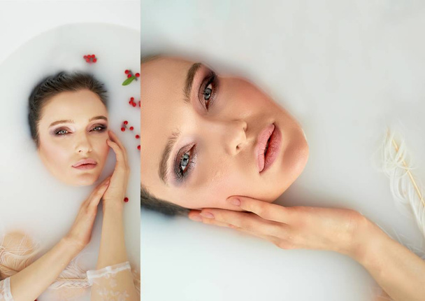 Bright Studio.Delicate and sensual atmosphere of peace and tranquility.Relaxation.Portrait of a beautiful girl with plump lips, graceful thin wrists, wet hair. Lying in a milk bath with Rowan. - Photo, image