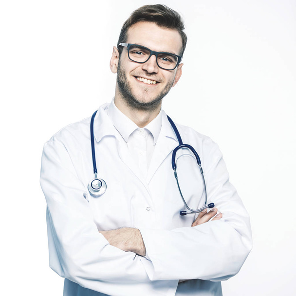  portrait - a family doctor with stethoscope on white background - Fotoğraf, Görsel