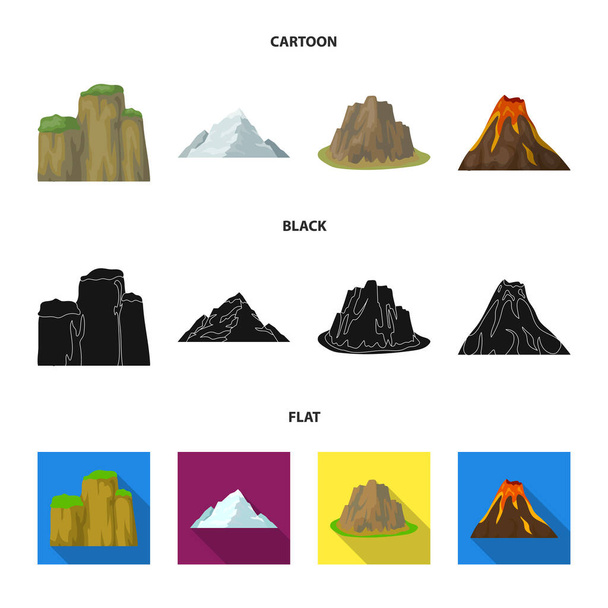 Sheer cliffs, a volcanic eruption, a mountain with a beach, a glacier. Different mountains set collection icons in cartoon,black,flat style vector symbol stock illustration web. - Vecteur, image