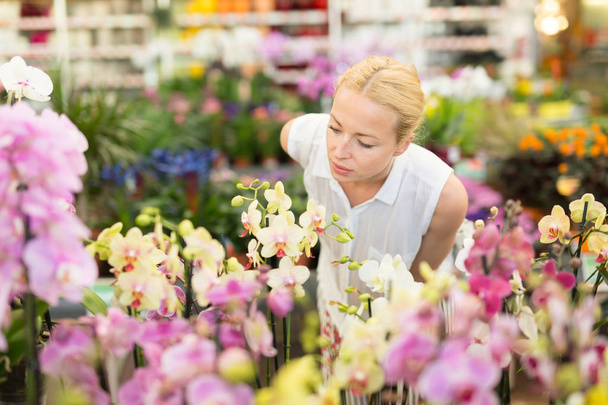 Kaunis nainen tuoksuva värikäs kukkivat orkideat
. - Valokuva, kuva