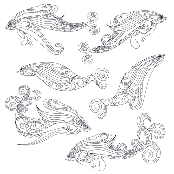 Ensemble d'illustration vectorielle de stock dessinée à la main de poissons stylisés en zentangle noir et blanc pour toile, pour impression
 - Vecteur, image