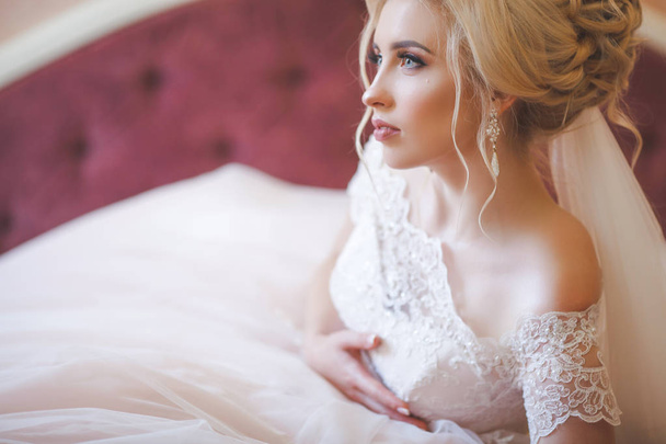 Tender bride in elegant lace wedding dress - Foto, imagen