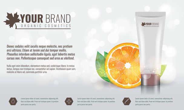 Vector illustration of Beautiful hydrating facial cream with citrus fruit, green leaf and water drops on it. Cosmetic ads on bubble background. - Vector, Image