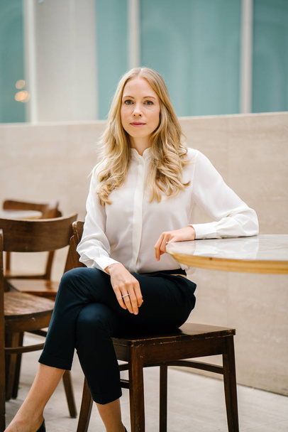 Portrait of a young, Caucasian European woman sitting at a table during the day in an office with lots of natural light. She is blond, has blue eyes, and is professionally dressed and is smiling - Fotoğraf, Görsel