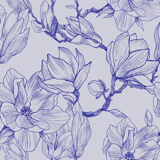 Festék, ceruza, a levelek és virágok a Magnolia. Varrat nélküli mintás háttérrel nyomtatni. Kézzel rajzolt jellege festészet. Szabadkézi vonalvezetés illusztráció - Vektor, kép