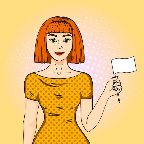 Pop art Red haired girl holding a white flag. The woman gave up her position Comic style imitation - Vector, Image