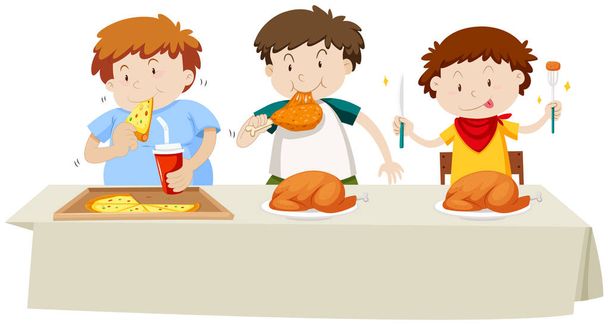 Három fiú eszik a csirke és a pizza, az ebédlőasztal - Vektor, kép