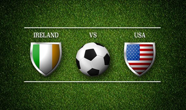 Fußball-Spielplan, Irland gegen USA, Länderfahnen und Fußball - 3D-Darstellung - Foto, Bild