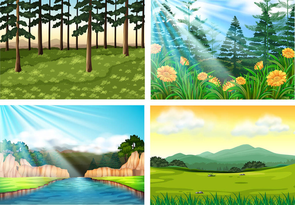 Cztery tła sceny lasu i rzeki - Wektor, obraz