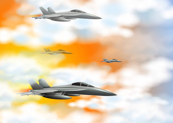 Cuatro aviones de combate en el cielo naranja
 - Vector, imagen