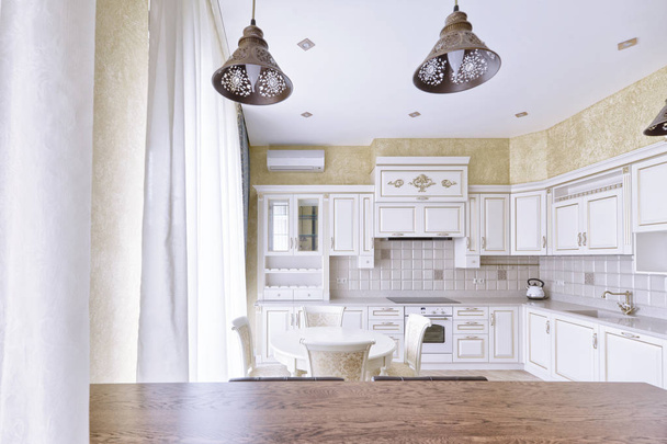 Modern design white kitchen in a spacious apartment. - Fotoğraf, Görsel