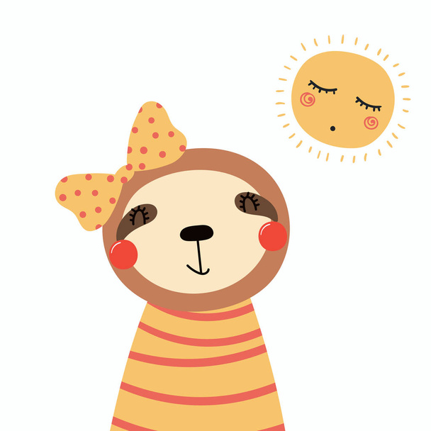 Hand drawn cute funny sloth girl in shirt, with ribbon, sun isolated on white background - Vector, Image