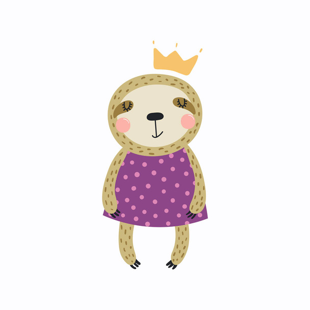 Hand drawn cute funny sloth girl in dress and crown isolated on white background - Vector, Image
