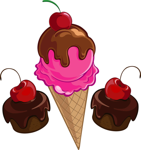  Bright , sweet design element. Chocolate cake in chocolate glaze with cherry and cherry ice cream. - Photo, image