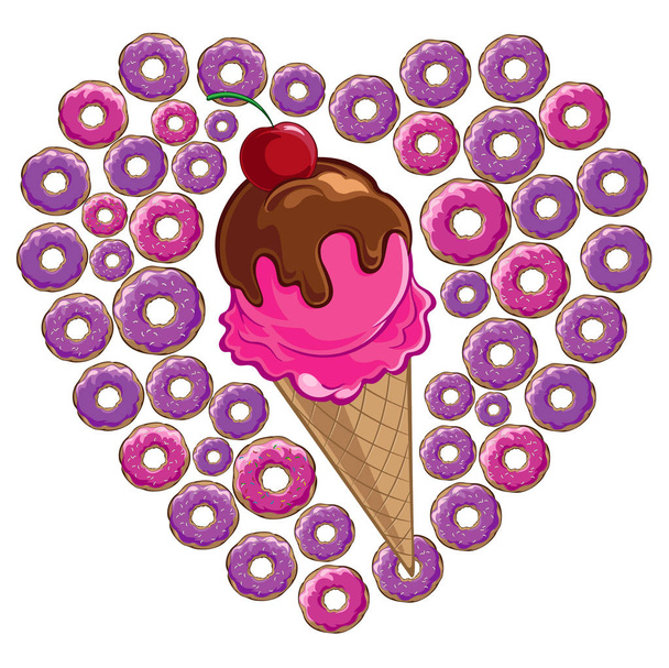  Bright , sweet design element. On white background bright donuts in pink and purple glaze. And ice cream with cherry. - Foto, Imagen