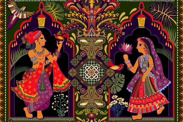 Bezszwowe tapeta wektor, indyjski motyw. Mężczyzna i kobieta w ogrodzie. Etnicznym stylu. Miniaturowe indyjski kolor. Ozdobny panel bezszwowe, ilustracja - Wektor, obraz