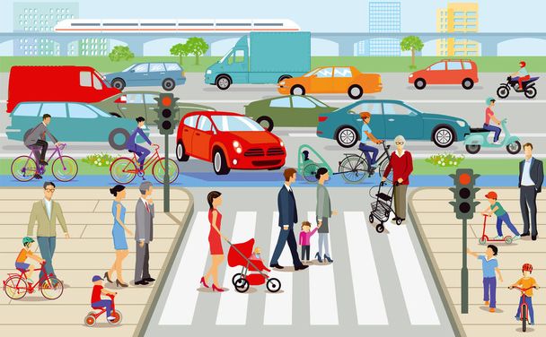横断歩道と道路交通の図が付いている都市 - ベクター画像