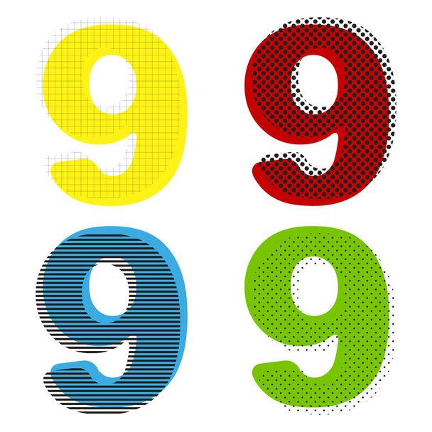 Σημάδι αριθμού 9 πρότυπο στοιχείο σχεδίου. Διάνυσμα. Κίτρινο, κόκκινο, μπλε - Διάνυσμα, εικόνα