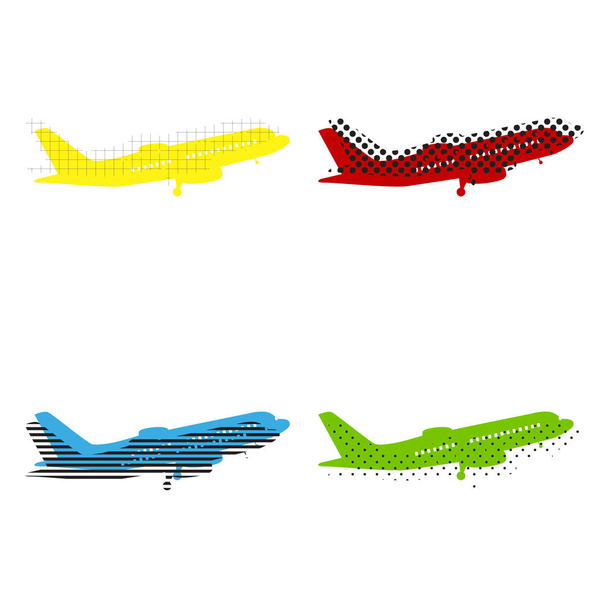 Letící letadlo znamení. Boční pohled. Vektor. Žlutá, červená, modrá, zelená i - Vektor, obrázek
